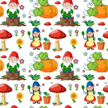 Gnome or dwarf seamless pattern with garden elements Illustrazione stock