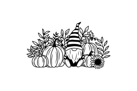 Gnome with Pumpkins and Fall Foliage. Vector icon. Stock Illustration