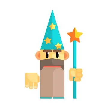 Gnome wizard in blue hat with stars and staff in his hands. Fairy tale Stock Illustration