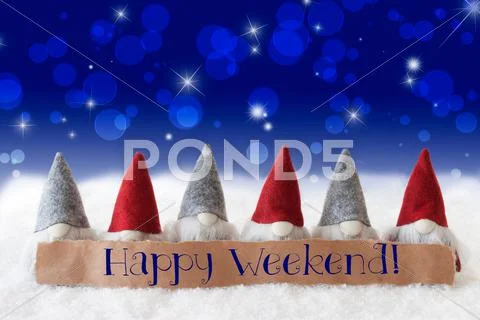 Gnomes, Blue Background, Bokeh, Stars, Text Happy Weekend Stock Photos