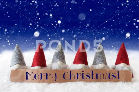 Gnomes, Blue Background, Snowflakes, Text Merry Christmas Stock Photos