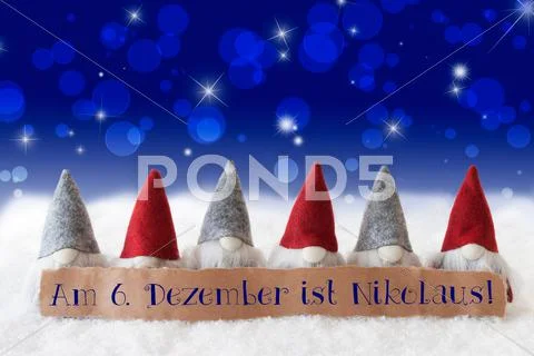 Gnomes, Blue Bokeh, Stars, Nikolaus Means Nicholas Day Stock Photos