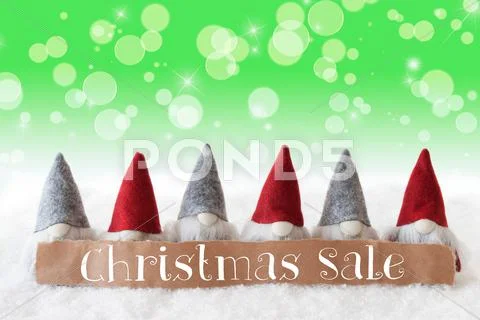 Gnomes, Green Background, Bokeh, Stars, Text Christmas Sale Stock Photos