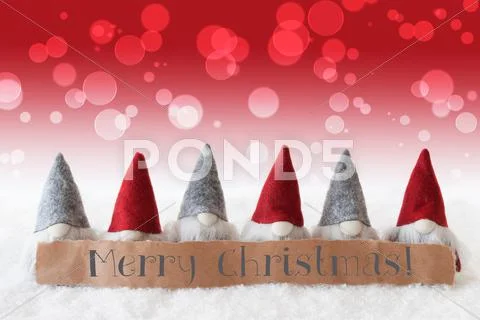 Gnomes, Red Background, Bokeh, Text Merry Christmas Stock Photos