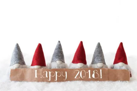 Gnomes, White Background, Text Happy 2018 Stock Photos