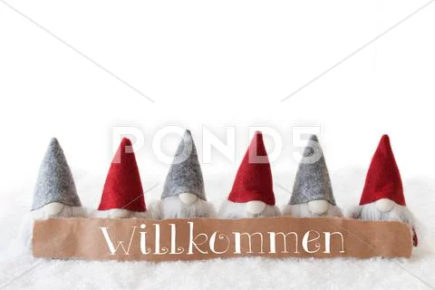 Gnomes, White Background, Willkommen Means Welcome Stock Photos