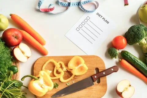 Go on Diet. Objects isolated on table in kitchen top view close-up Stock Photos