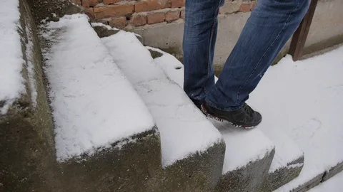 Go down snow-covered stairs Stock Footage 72364828