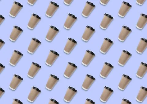 To-go drink. Pattern design with paper coffee cup on light blue Stock Photos