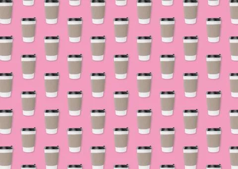 To-go drink. Pattern design with paper coffee cup on pink background Stock Photos