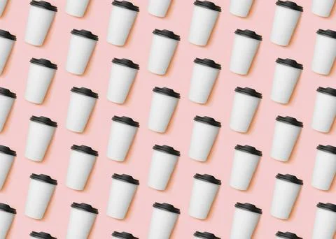 To-go drink. Pattern design with paper coffee cup on pink background Stock Photos