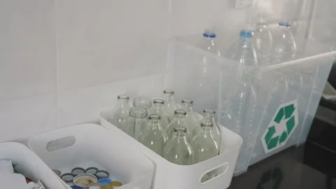 Go green net zero sorting pet plastic single use to recycle waste bin. 스톡 동영상 249456303