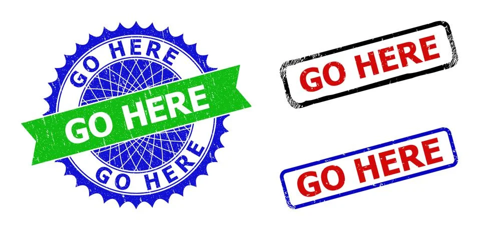 GO HERE Rosette and Rectangle Bicolor Watermarks with Unclean Surfaces Stock Illustration