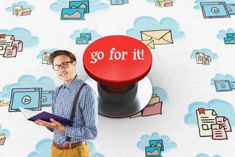 Go for it! against digitally generated red push button Stock Photos