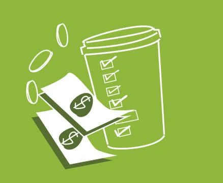 To Go Latte or Coffee Cup with money and change falling with room for text Stock Illustration
