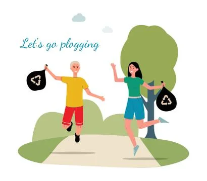 Go plogging - poster with cartoon runner couple holding garbage bags Ilustração Stock