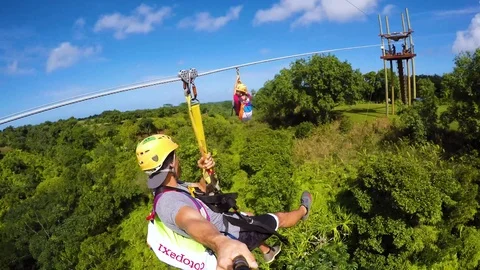 Go Pro shot of zip line in Hawaii while screaming. Fast and high zip line Stock Footage 99376597