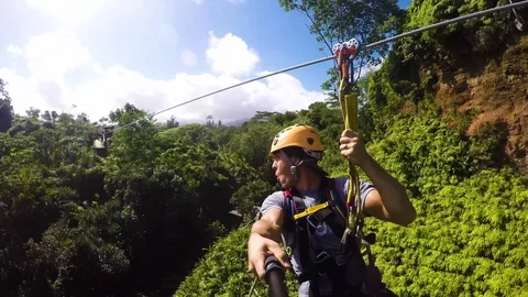 Go Pro shot of zip line in Hawaii while screaming. Fast and high zip line. Stock Footage 99376603