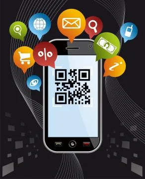 Go social via smartphone: qr code application on black Stock Illustration