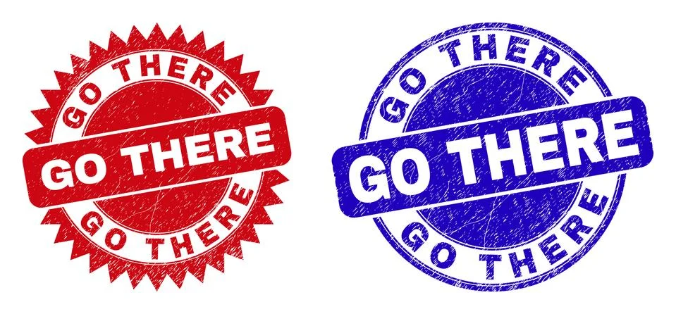 GO THERE Round and Rosette Stamp Seals with Scratched Surface Stock Illustration