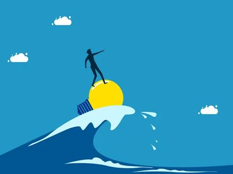 Go through crises with creative leaders. man surfing the ocean waves with a l Stock Illustration