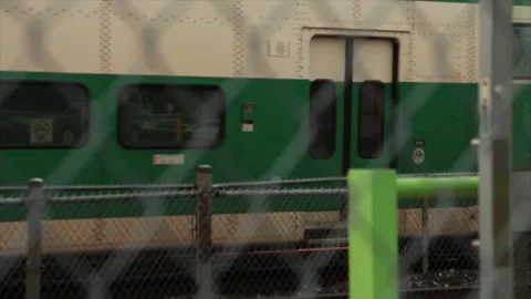 Go train transit mass transportation system blue logo on side of train shelter Video stock 246611767