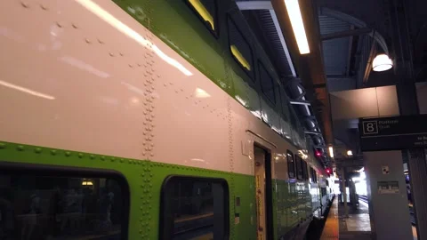 GO Transit double-decker train. Union Station is major transportation hub. Stock-Footage 314331585