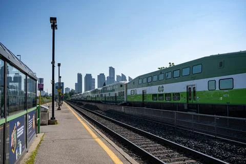 GO Transit train at Mimico station in Toronto. Toronto, Canada - August 5, 2026. Stock Photos