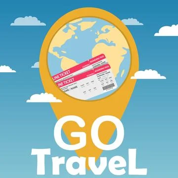 Go travel background with big map pin world globe and economic airline ticket Illustrazione stock