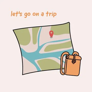 Go on a trip. cute postcard, map and backpack Stock Illustration