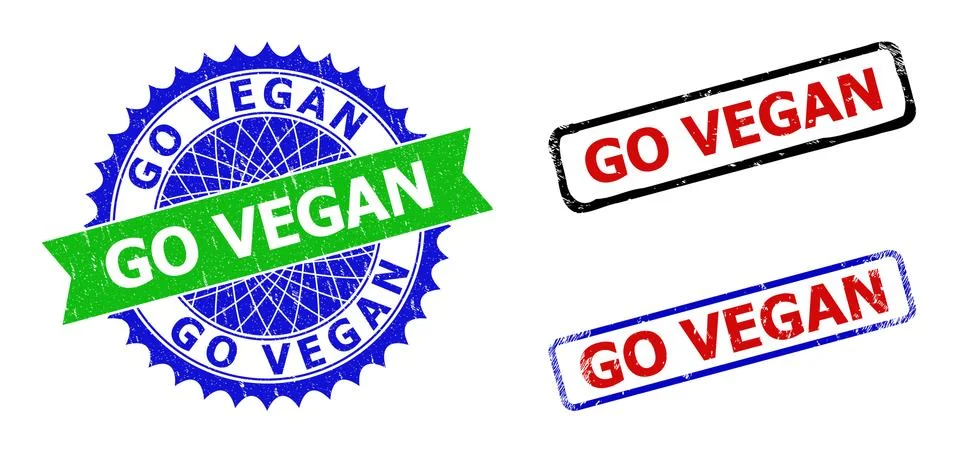 GO VEGAN Rosette and Rectangle Bicolor Stamps with Rubber Textures Stock Illustration