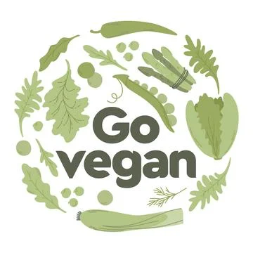 Go vegan in shape circle with green vegetables Stock Illustration
