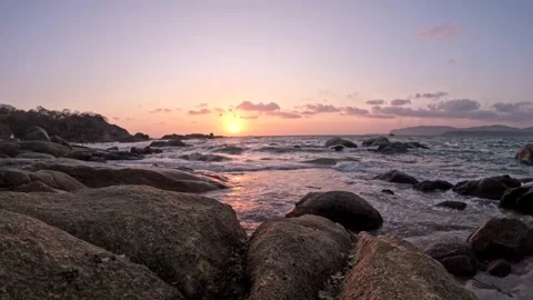 Goa Beach Sunset Waves Crashing on Rocks Timelapse Golden Hour 4K Stock Footage 332236866