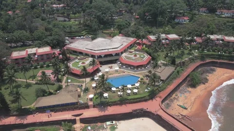 Goa Sinquerim Beach drone bird's eye view Taj Fort Aguada Stock-Footage 153011938