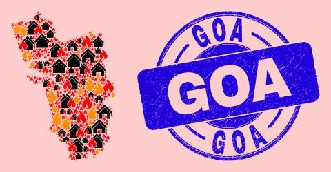Goa State Map Composition of Fire and Buildings and Scratched Goa Seal Stamp Stock Illustration