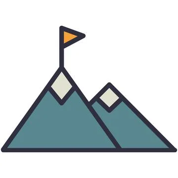 Goal achievement icon with vector flag on mount peak Illustrazione stock