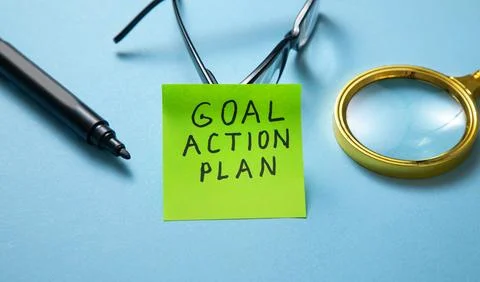 Goal. Action. Plan on sticky note. Business concept Stock Photos
