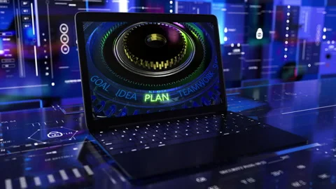 Goal idea plan teamwork success. Laptop Info. Glass gears Stock Footage 291130991