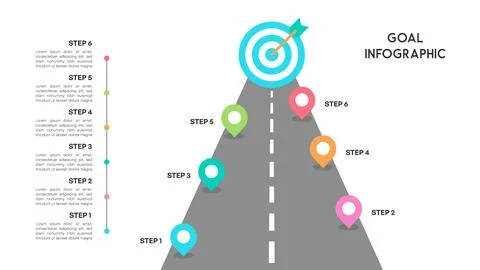 Goal infographic roadmap vector with multi step business process and target.. Stock Illustration