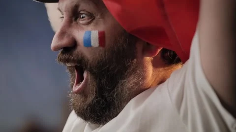 Goal, joy, victory concepts. Man sports fan of France rejoices at team success Vidéo 277708885