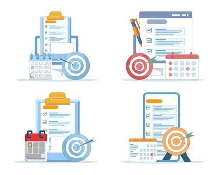 Goal planning set, mobile resolution checklist, target arrow, new year calendar. Ilustración de archivo