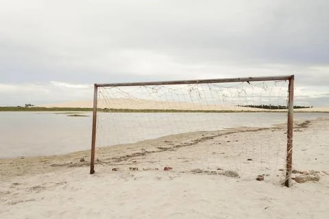 Goal post in beach sand. Beach soccer in the summer. Soccer concept. Goal con Foto stock