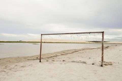 Goal post in beach sand. Beach soccer in the summer. Soccer concept. Goal con Foto stock
