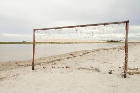 Goal post in beach sand. Beach soccer in the summer. Soccer concept. Goal con 스톡 사진
