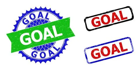 GOAL Rosette and Rectangle Bicolor Stamp Seals with Scratched Textures Stock Illustration
