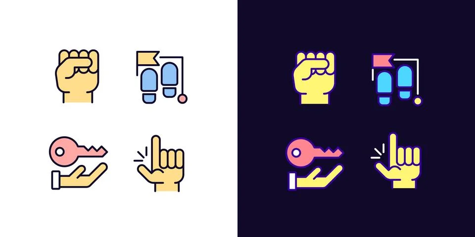 Goal setting pixel perfect light and dark theme color icons set Stock Illustration