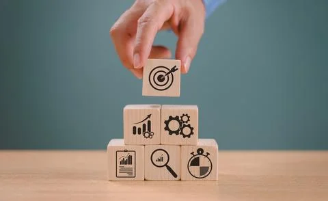 Goal setting planning focus for future. Goal aim target concept. Hand push ta Stock Photos