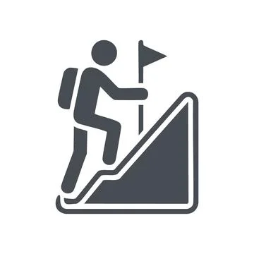 Goal success icon. Man climbing mountain peak with flag. Symbolic represent.. Stock Illustration
