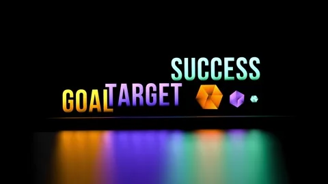 GOAL TARGET SUCCESS text, illuminated sign, results, animation. 3D render Stock Footage 346322429