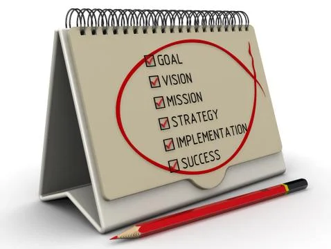 Goal, vision, mission, strategy, implementation, success. List with check marks Stock-Illustration